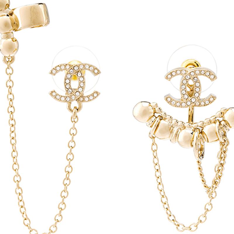 CHANEL Metal Double C Crystal Metal Earrings Women's Gold