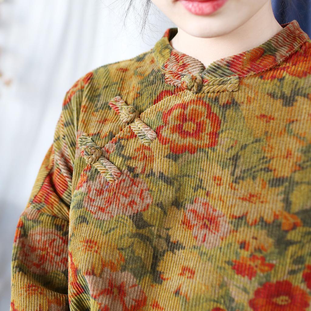 Johnature Women Vintage Dresses Stand Print Floral Long Sleeve Spring Chinese Style A-Line Dress