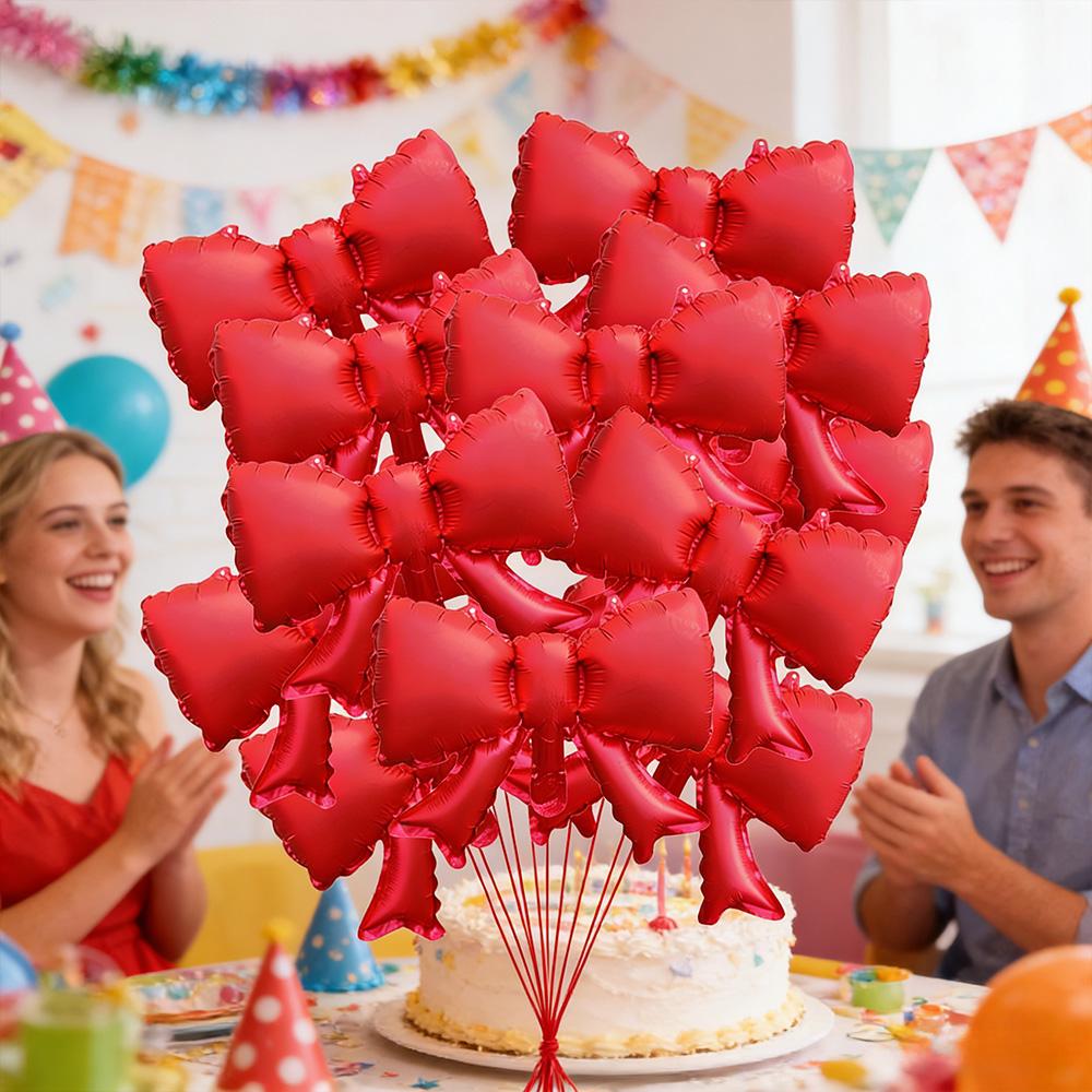 8Pcs 15-Inch Bowknot Foil Balloons, Matte Red Ribbon Mylar Balloons, Aesthetic Bow Shape Decorations for Wedding, Anniversary
