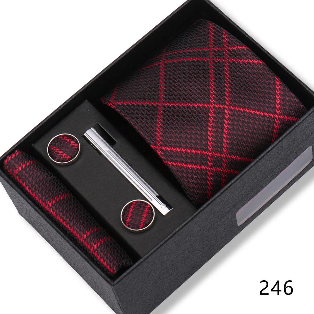 Men's Black & Wine Red Striped Plaid Tie Set with Pocket Square - Formal Wedding Gift Box