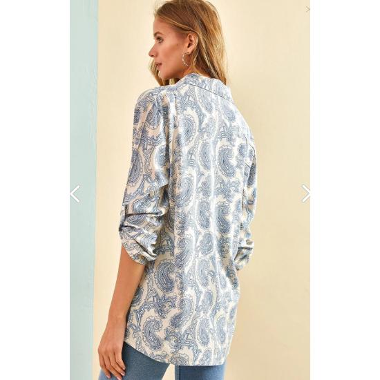 Women's Multi Leaf Patterned Folded Sleeve Viscose Shirt