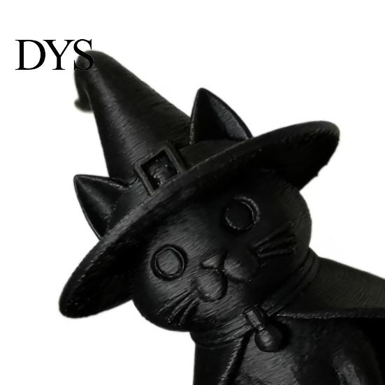 Small Sculpture for Study Room Gothic Witch Hat Black Cat Figurine, 3D Printed Wizard Cloak Kitten Versatile Soft Furnishing Statue, Spooky