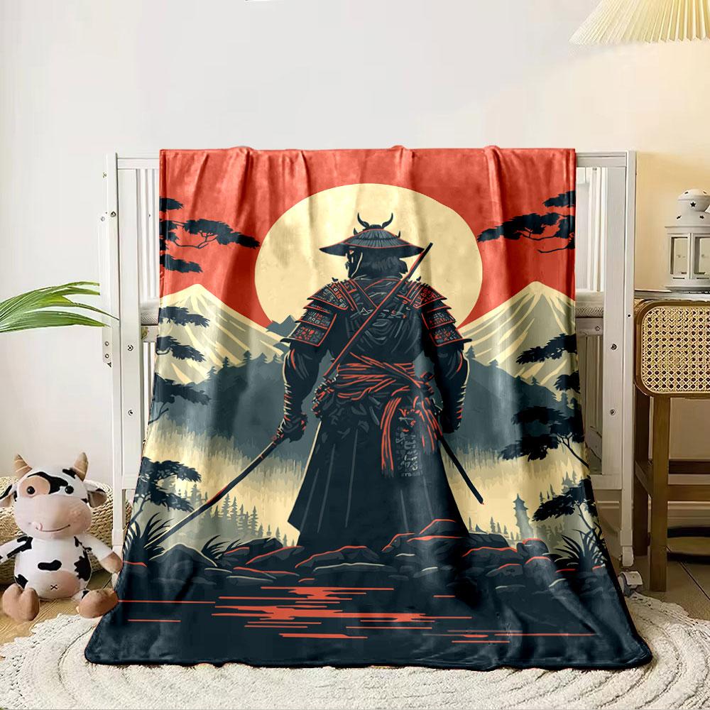 Samurai figure facing mountains under a red sky with a full sun. for all seasons blanket lunch break throw gift 80cm x 120cm