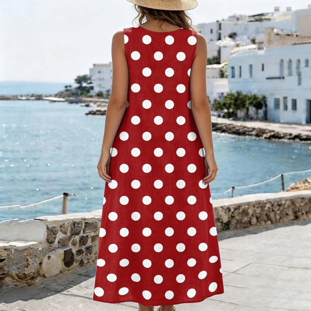 Sleeveless V Neck Dress with Side Pockets and Side Slits Polka Dot Pattern Cotton Linen Blend Casual Midi Dress for Women