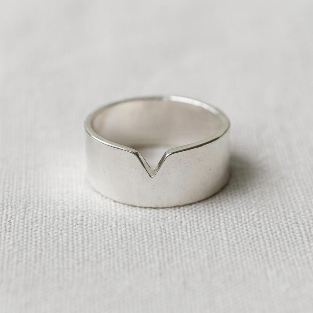 Minimalist V Cut 925 Sterling Silver Band Ring: Wide Polished Stacking Ring for Men and Women