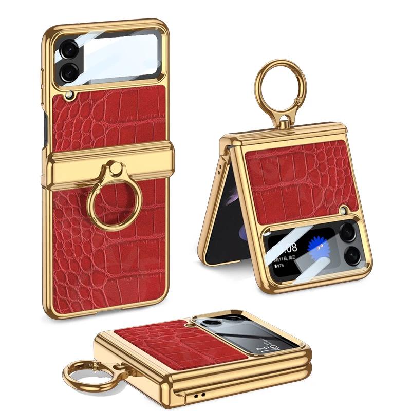 Luxury Plating Leather Case for Samsung Galaxy Z Flip 4 Magnetic All-included Hinge Ring Holder Cover for Galaxy Z Flip4 Case