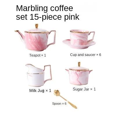 Nordic 15-piece Gold Rim Grey Pink Marble Pattern Ceramic Coffee Tea Set Ins Network Creative Bone China Tea Set Pot Cup Saucer