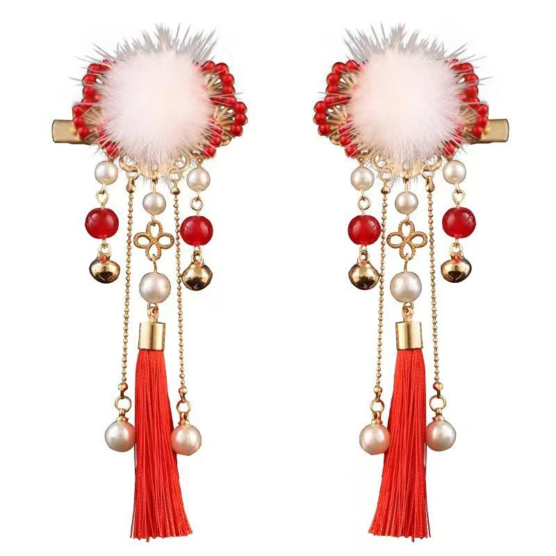 Children's Festive Hanfu Hair Clips: Cute Pom-poms & Tassels