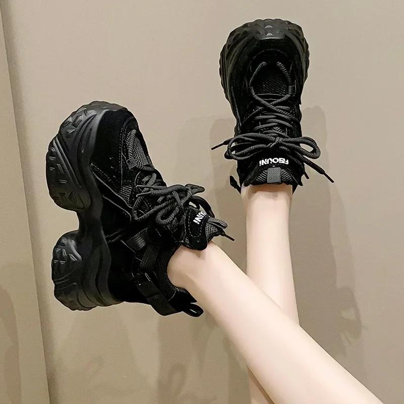 Fashion 11CM Women Mesh Chunky Sneakers 2024 Autumn High Platform Shoes Ladies New Wedges Casual Shoes Woman Sports Dad Leather Sneakers