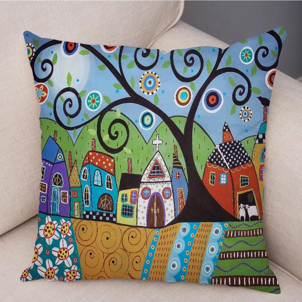 Colorful Cartoon Retro Rural Color Printed Pattern Home Cushion Cover Living Room Sofa Bedroom Decoration Pillowcase
