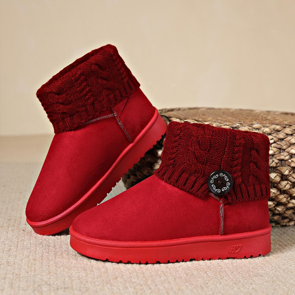 Flat-bottomed Thickened, Buckled Big Red Cotton Shoes Boots Snow Boots Women's Warm Button Boots
