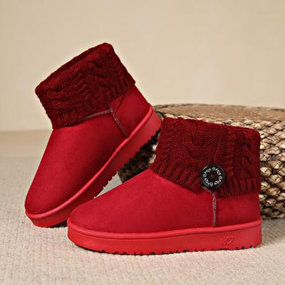 Chaussures en coton rouge vif épaissies à fond plat, bottes, bottes de neige pour femmes, bottes chaudes à boutons