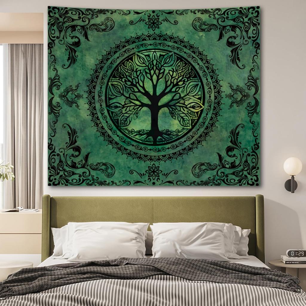 Green Nature Tree of Life Tapestry - Boho Hippie Mandala Y2K Wall Hanging | Aesthetic Ceiling/Backdrop Decor for Bedroom