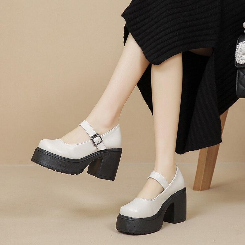 

Туфли Лолиты на платформе, туфли-лодочки, женская обувь Мэри Джейн, винтажные туфли-оксфорды в японском стиле для девочек с пряжкой и ремешком на высоком каблуке для женщин 35 бежевый