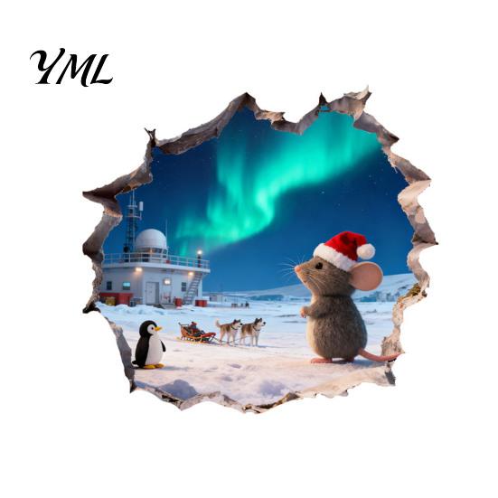 Winter Theme Wall Sticker 3D Christmas Mouse Hole Sticker, Waterproof PVC Decal, Creative Festive Decorative Scene Easy Apply for Holiday Living Room