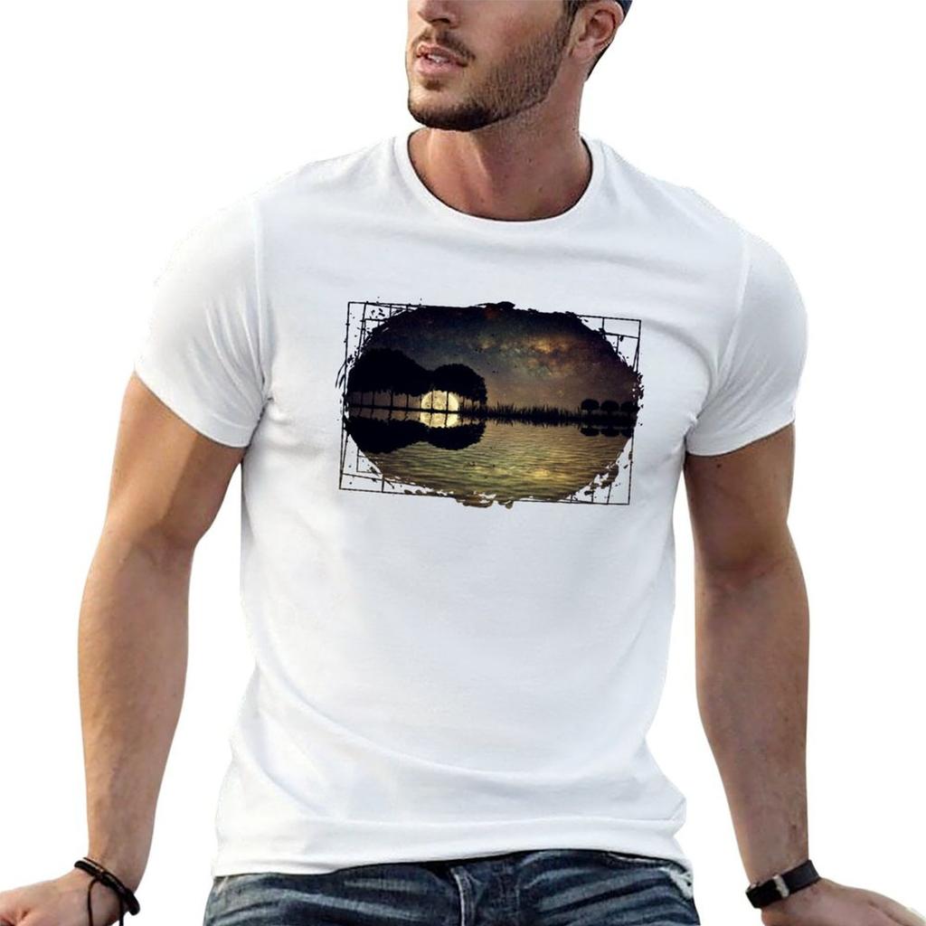 Guitar Island Moonlight TShirt Man T Shirt Summer Anime T Shirts for Man TShirt
