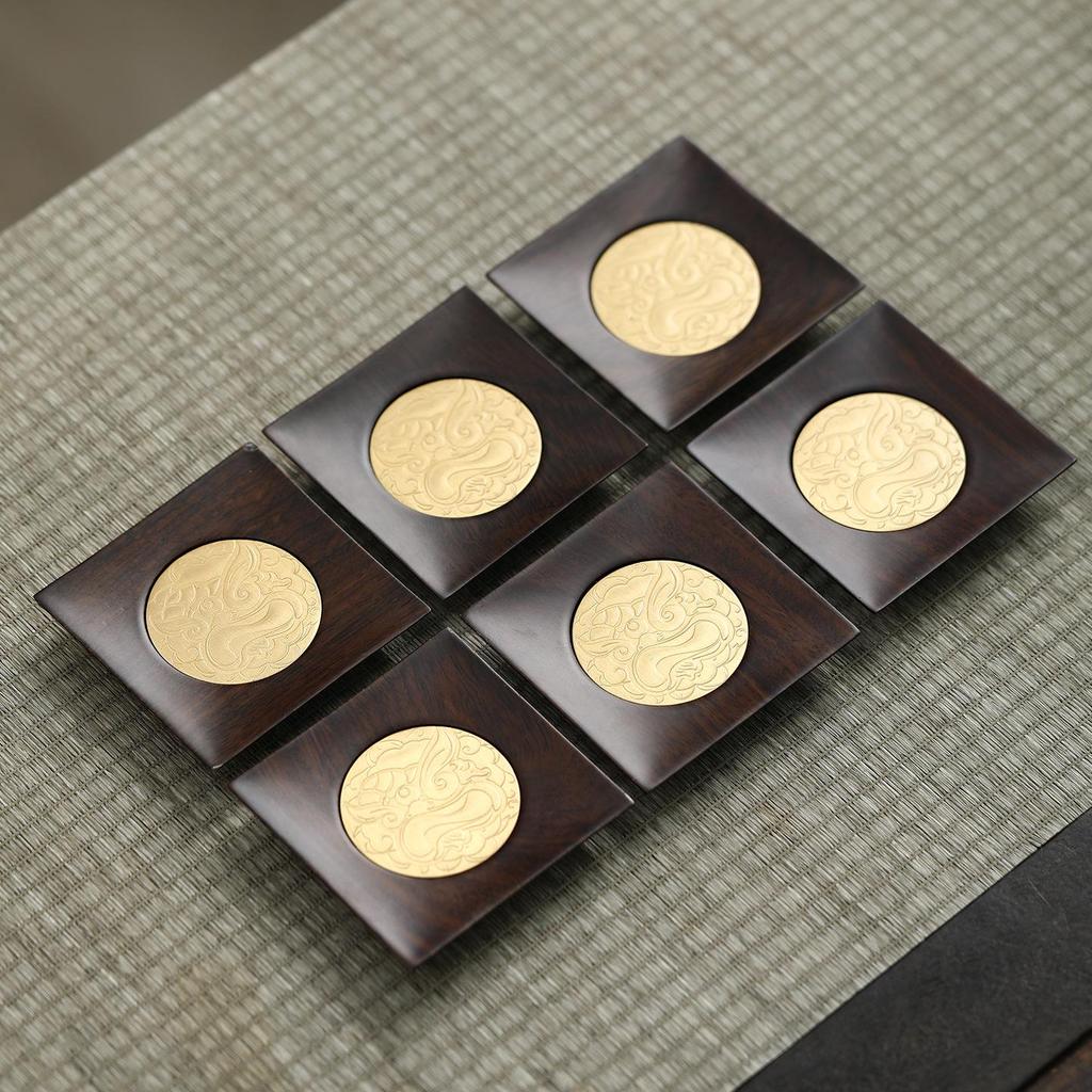 Suport pentru cești de ceai din lemn masiv cu incrustație de cupru – Pad izolator anti-opărire pentru birou și accesorii pentru set de ceai Kung Fu