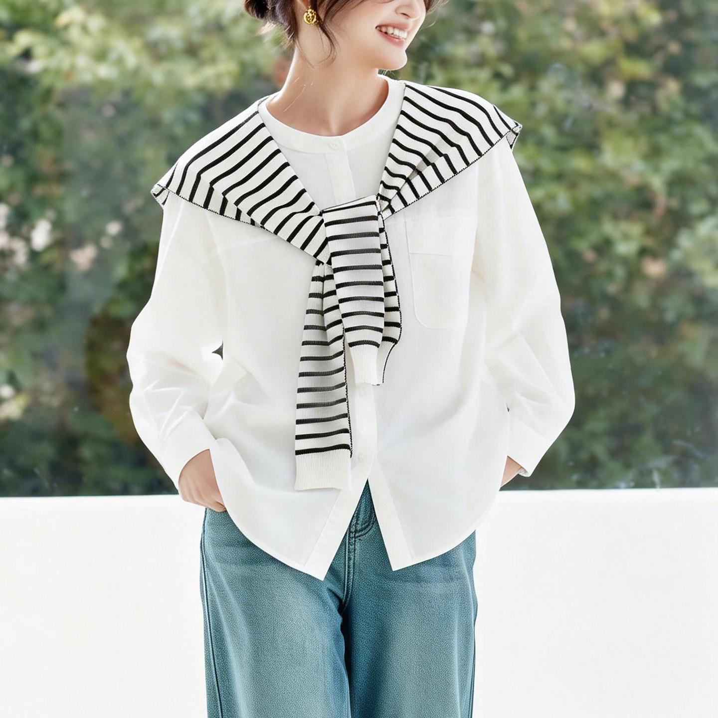 

Women s White Round Neck Long Sleeve Shirt with Striped Knit Shawl - New for Spring 2026, Loose and Slimming Fit One Size