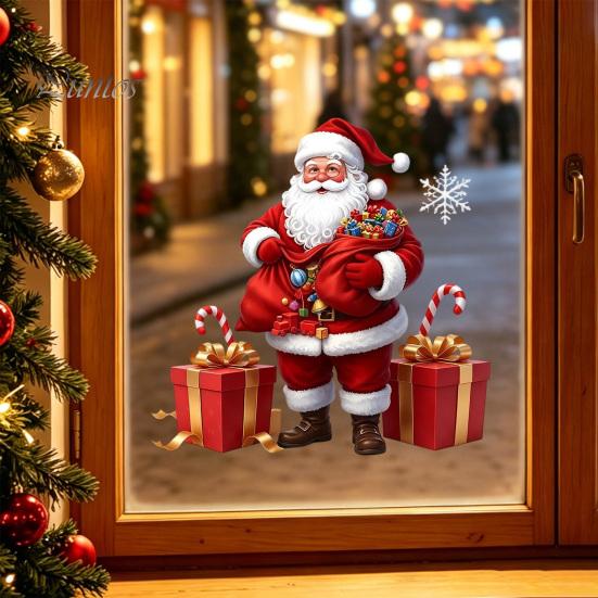 Xmas Decorative Decals Santa Claus Window Static Sticker, Reusable Waterproof PVC Christmas Decal, Winter Decorations HD Printing Clings for