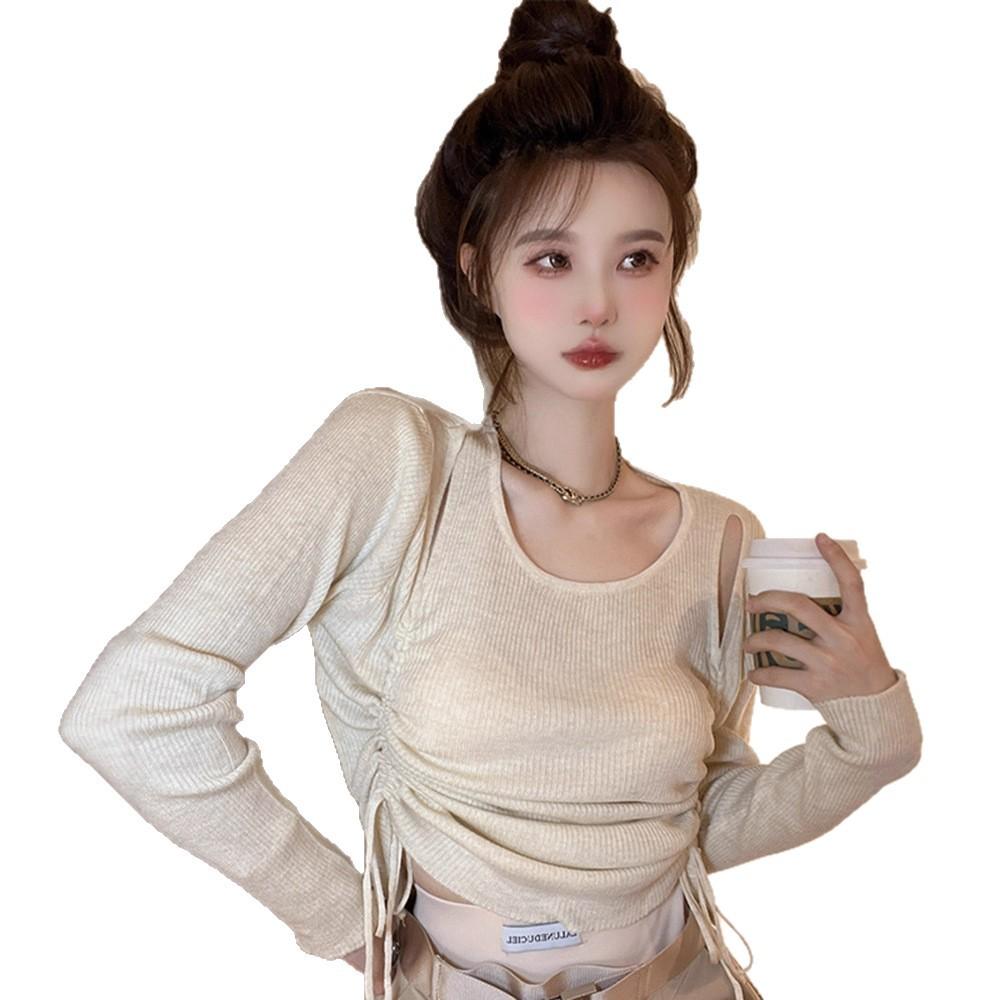 Knitted Sweater Women's Autumn Irregular Sweater Drawstring Sweater Short with Long Sleeves Unique