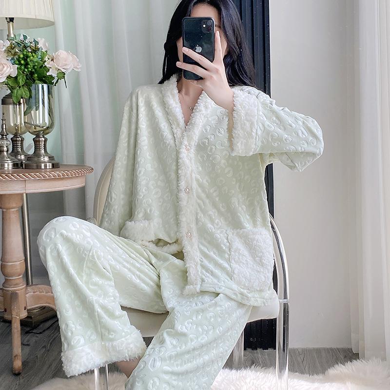Women's Sea Island Cotton Pajamas - Light Luxury Embossed Long Sleeve Autumn/Winter Set
