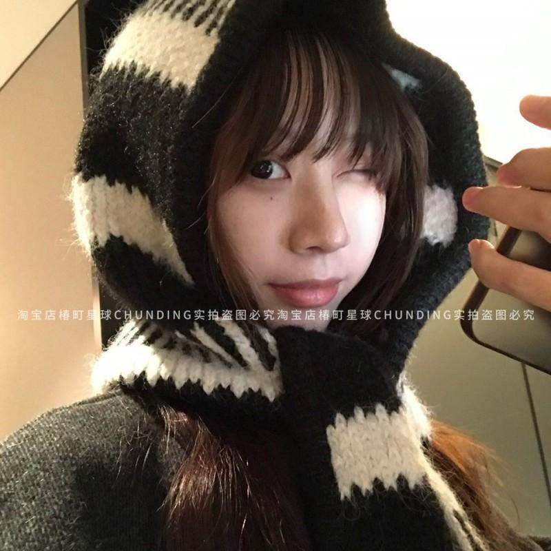 Korean Chic Knit Balaclava Hat With Wool Blend Warm Ear Protection Scarf Women Winter