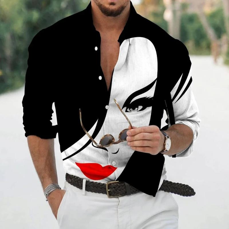 Fashion Long Sleeve Lapel Button Up Plus Size Shirt Men 3d Print Blouse