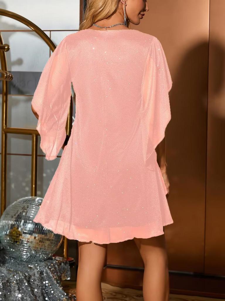 Elegancka sukienka z dekoltem w serek i rękawem 5/8, hot-stampingowana, na wiosenne/letnie przyjęcia