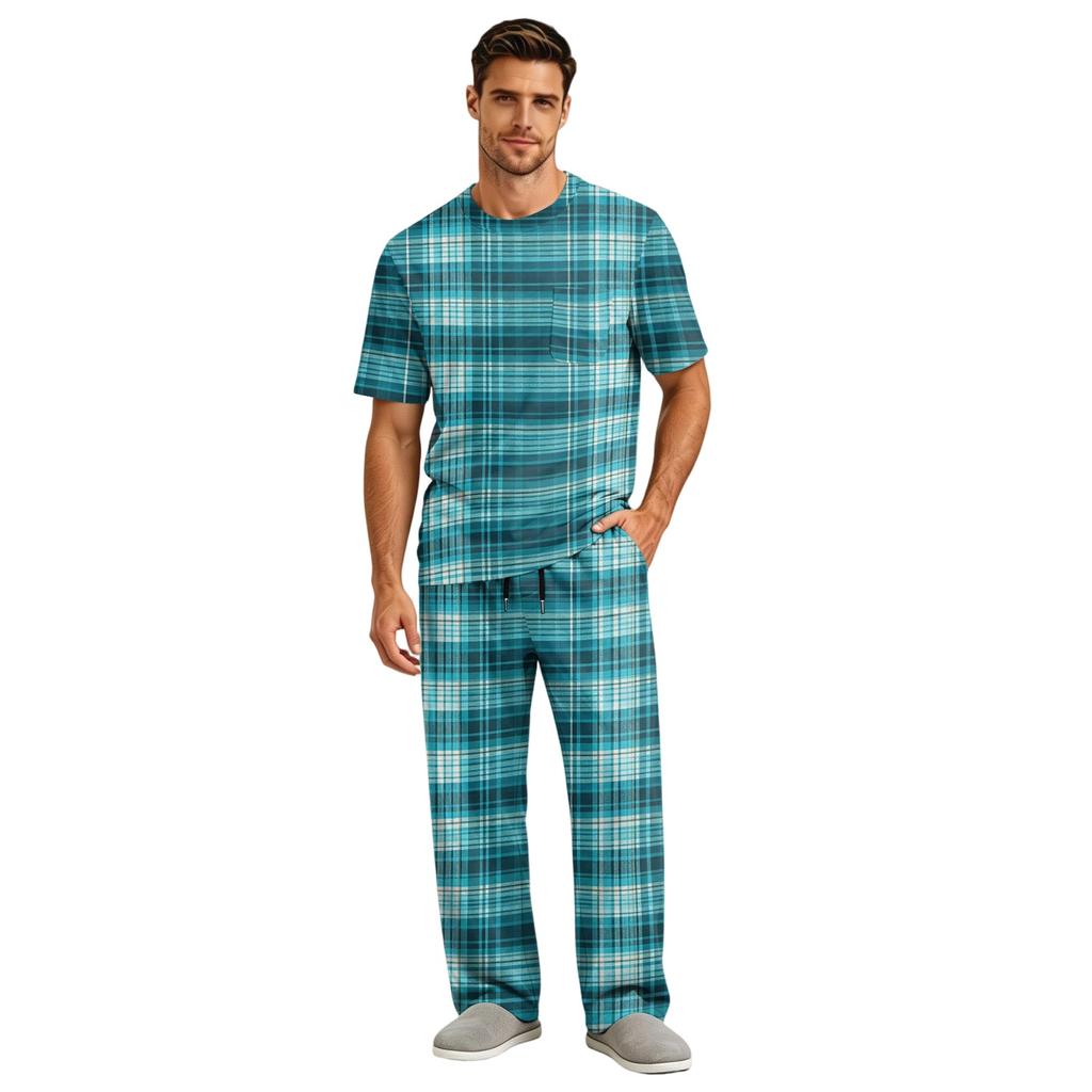 Men's Short Sleeve Pajama Set with Button Fly and Elastic Drawstring Waist for Sleepwear