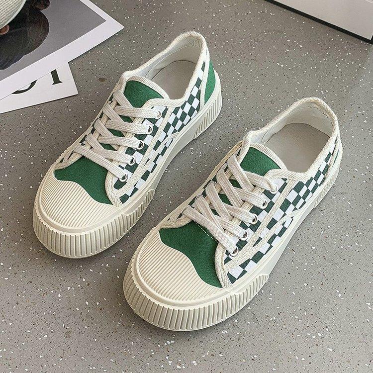 Houndstooth Canvas Shoes for Women  Autumn New Rubber Soft Bottom Lace up round Toe Lightweight Women's Casual Shoes