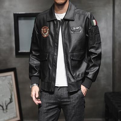 Pánská kožená bunda pánská korejský styl úzký střih motorkářský styl pánská klopová kožená bunda vyšívaná trendy pánská