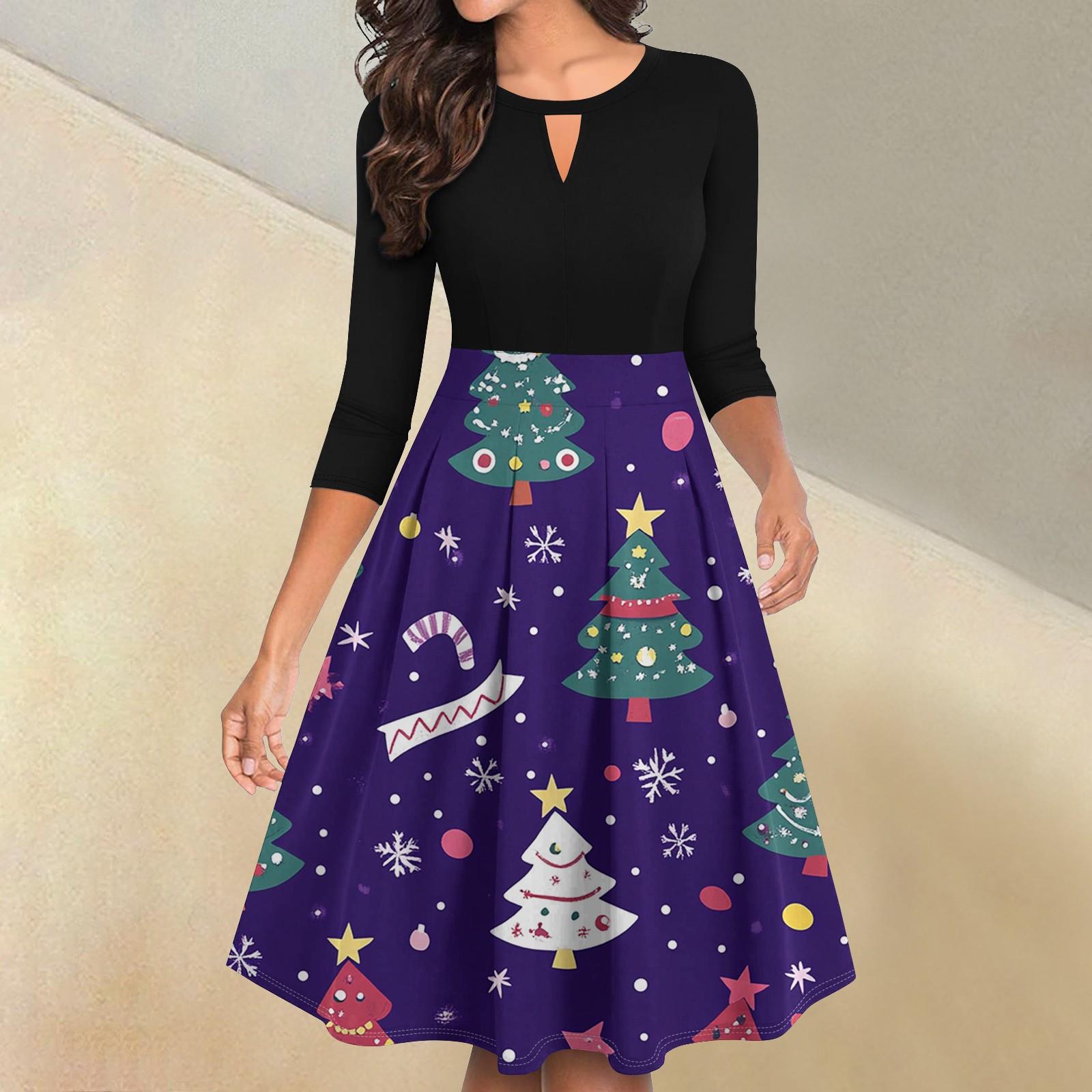 

Женские винтажные рождественские принты с рукавами 3/4, расклешенные, А-силуэта, свободные, повседневные платья для вечеринок XL фиолетовый