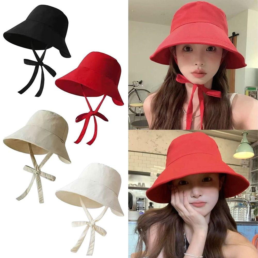 Casual Lace-up Fisherman Hat Windbreak Solid Color Sunshade Hat Lightweight Basin Hat Women