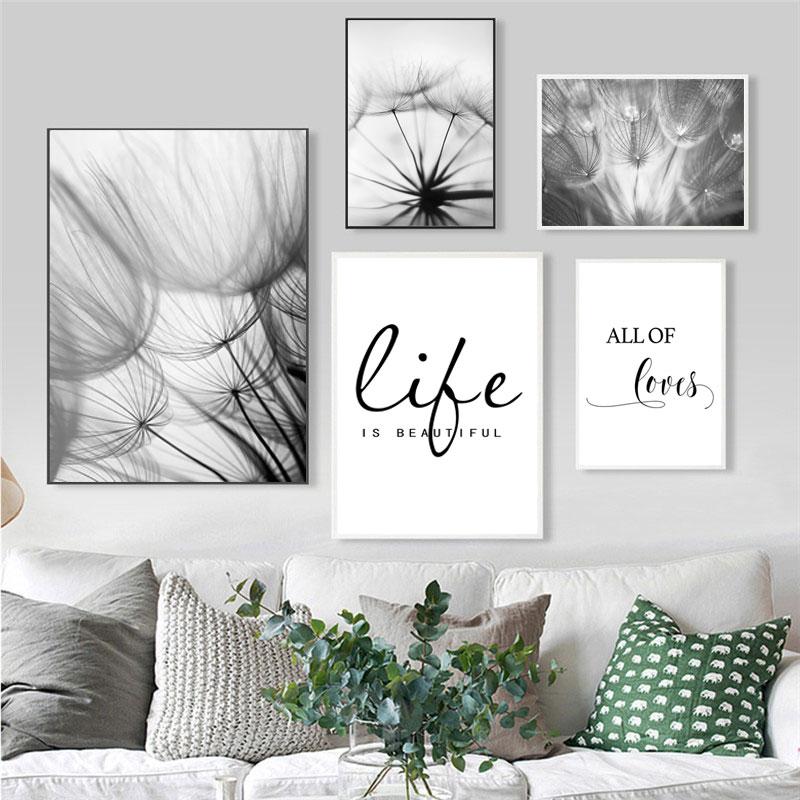 

Скандинавский одуванчик Искусство Холст Живопись Плакаты и принты Черный Белый Любит Жизнь Цитаты Настенные картины для гостиной Домашний декор