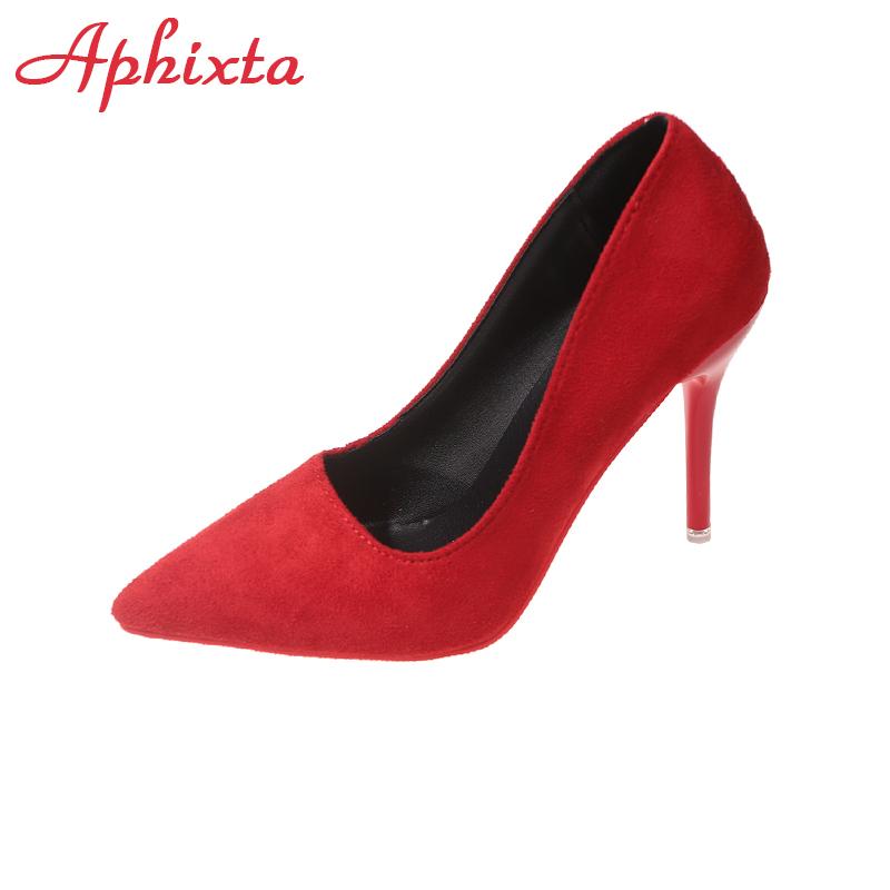 Móda Aphixta 3,54 palcové fialové vysoké stiletto podpatky lodičky dámské jednobarevné kancelářské semišové špičaté společenské boty červená podrážka velká velikost 49 50