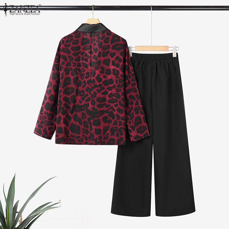 ZANZEA Women Leopard Print Cardigan Blazer and Pants Casual Two Piece Suit Sets