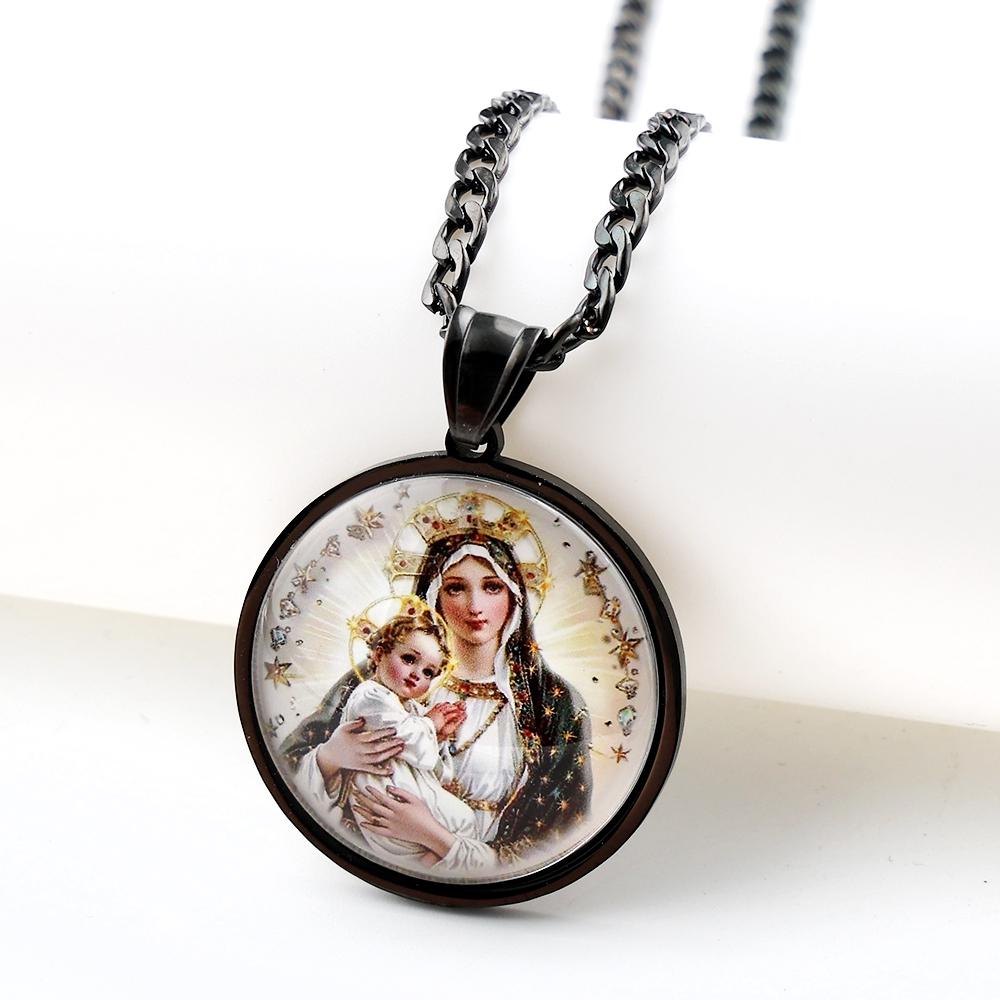 Jungfrau Maria mit dem Jesuskind Glasanhänger Halskette für Damen Herren Edelstahl Goldfarbe Katholische Mutter Maria Kette Schmuck