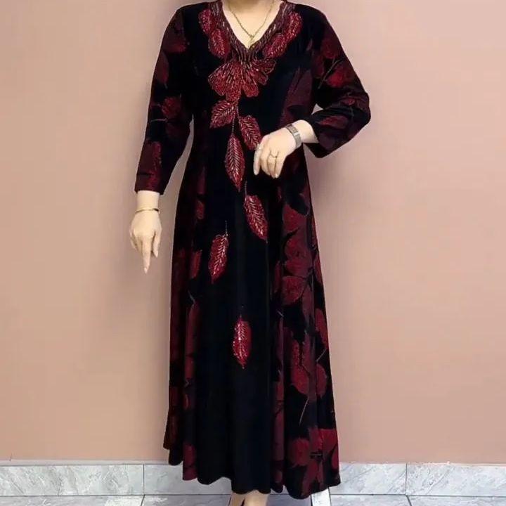 Autumn Women's V-Neck Velvet Dress Plus Size Loose Printed Long Dress