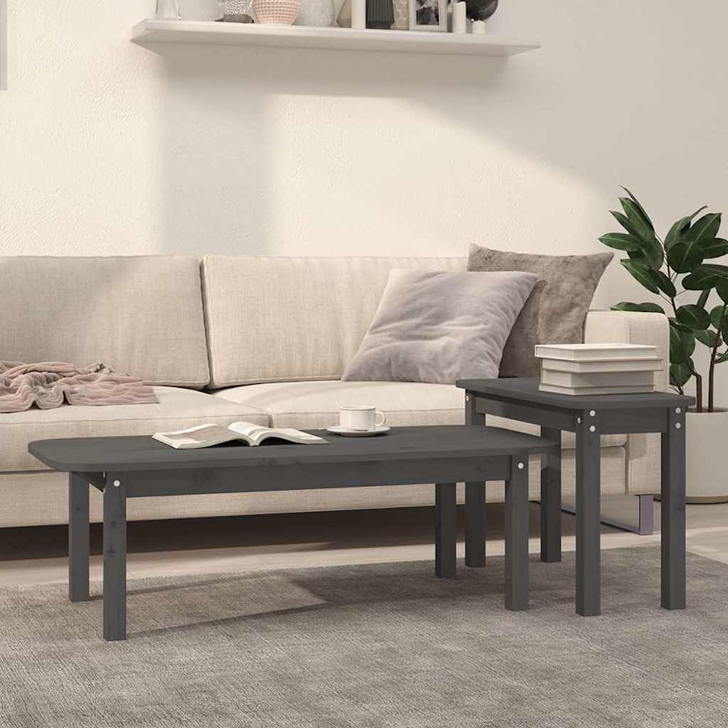 2 Piece Coffee Table Set Grey Solid Pine Wood