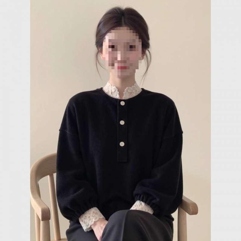 

Elegant Black Velvet Lace Trim Women s Top - Chinese Style, Slimming & Versatile for Autumn/Winter 2026. 2XL чорний