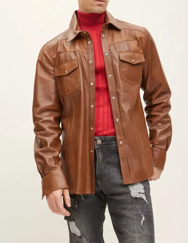 Lambskin Genuine Stylish Casual Men Shirt Tan Handmade Formal Leather