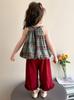Girls' Summer Plaid Polka Dot Suspender Outfit - Sleeveless Ruffled Top & Wide-Leg Pants, Two-Piece Set for Kids
