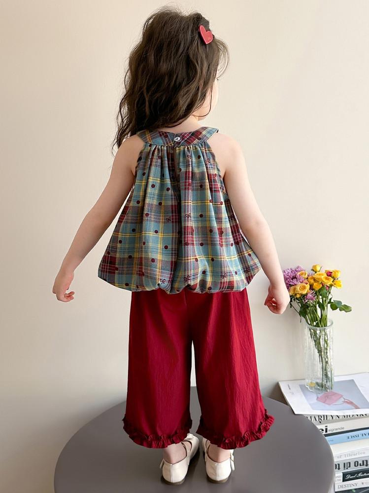 Girls' Summer Plaid Polka Dot Suspender Outfit - Sleeveless Ruffled Top & Wide-Leg Pants, Two-Piece Set for Kids
