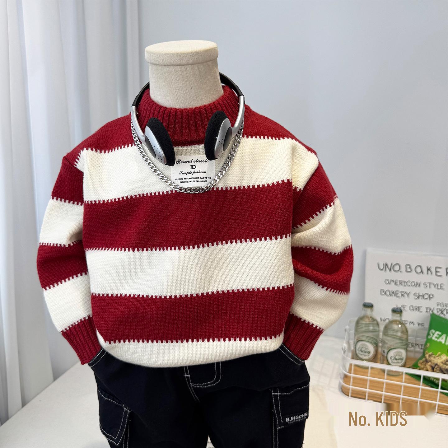 

Boys Red Striped Wool Sweater - Stylish Autumn/Winter 2025 Casual Knitwear for Baby Boys 90 cm червоний
