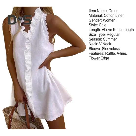 Women Summer Dress Ruffle V Neck Sleeveless Loose A-line Mini Dress Flower Edge Solid Color Short Dress for Dating Prom Beach