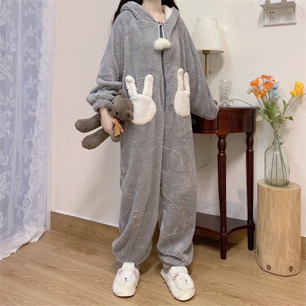 ZHENGTU Women's Cute All-in-One Hooded Pajamas with Rabbit Ears, Warm and Comfortable for Fall and Winter, Casual and Casual Wear (Gray, Size L)