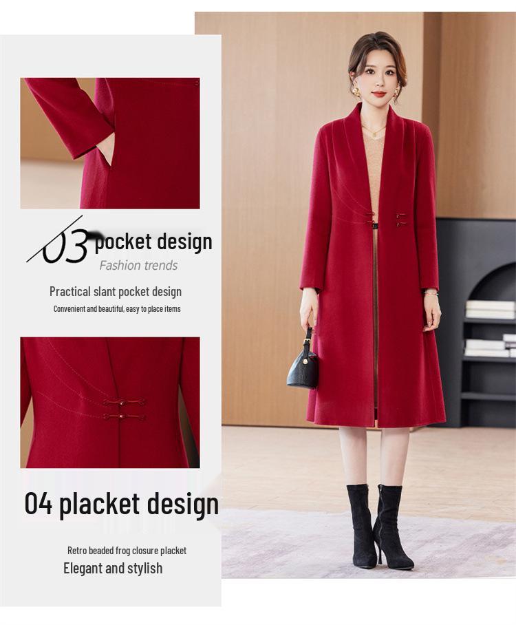 Women's Red Double-Sided Long Wool Coat - 2025 Autumn/Winter Slimming Over-the-Knee Style
