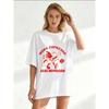 Oversize Women's Short-Sleeve T-Shirt with Cartoon Coffee Cup Figure & "MORE ESPRESSO LESS DEPRESSO" Text Print
