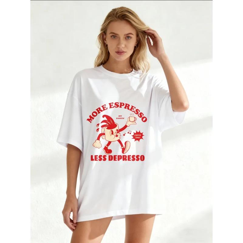 Oversize Women's Short-Sleeve T-Shirt with Cartoon Coffee Cup Figure & "MORE ESPRESSO LESS DEPRESSO" Text Print