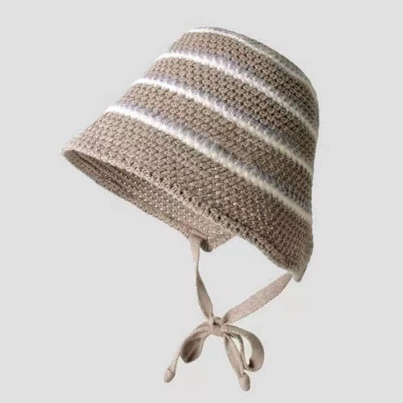 Summer Essential Striped Basin Hat with Knitted Hollow Out Design Foldable for Beach Sunshade